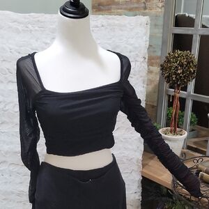 Rouched Sheer Sleeve Cropped Top, Womens S, Black Bodycon, Whimsigoth, Soft Goth